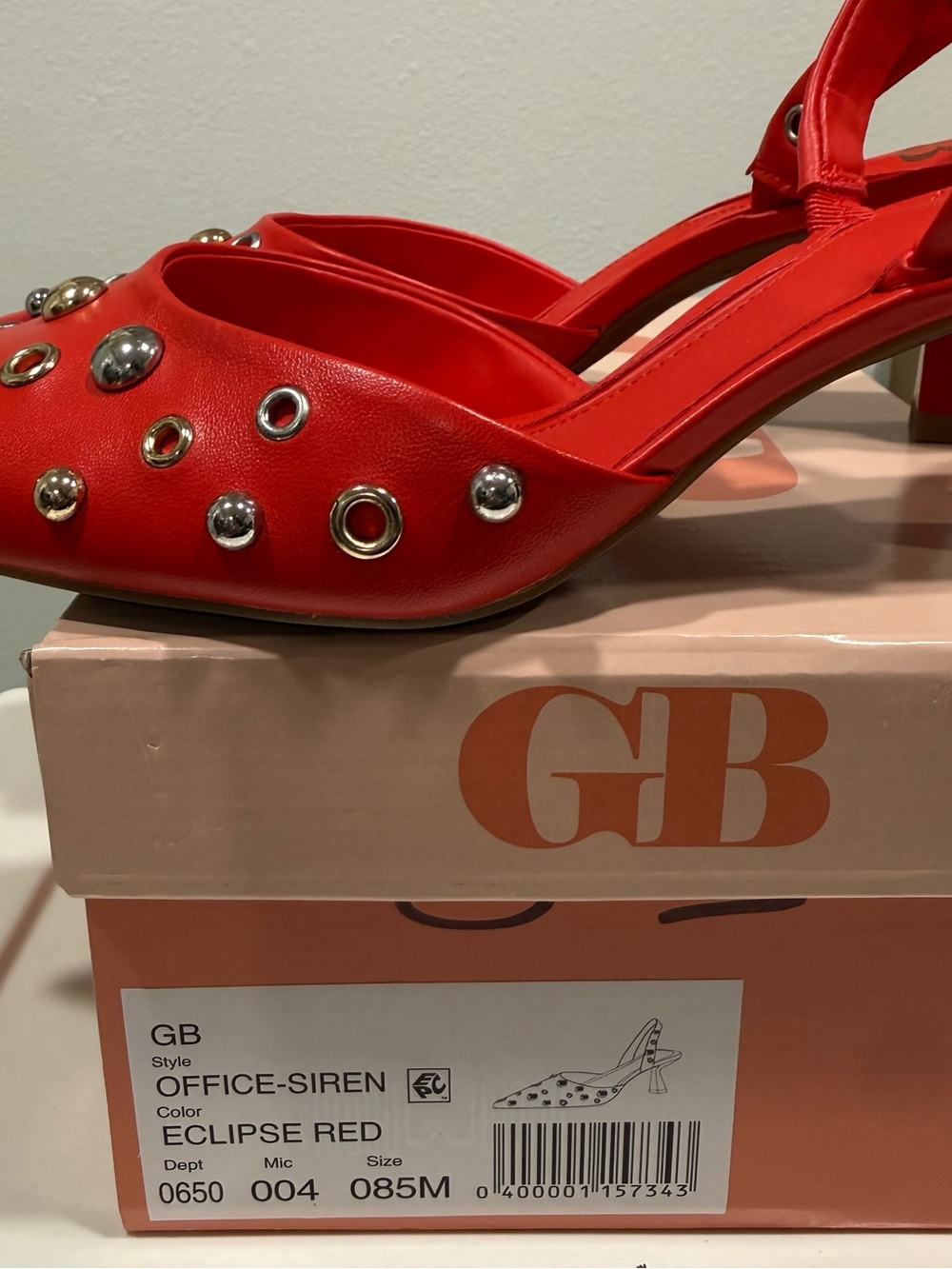 GB Office Siren Red Studded Pointed-Toe Slingback Heels - Picture 5 of 6